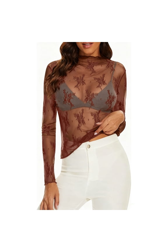 Women's Mesh Sheer Tops Long Sleeve Floral Lace Top Mock Neck See Through Layering Blouse