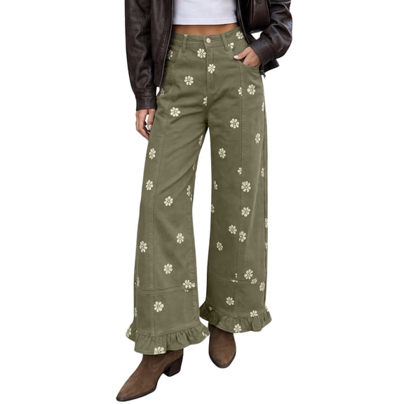 Lentta Women's Mid Rise Barrel Jeans Y2K Floral Print Ruffle Hem Wide Leg Denim Pants with Pockets