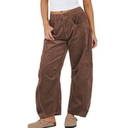 Lentta Womens Mid Rise Cord Barrel Jeans Casual Baggy Wide Leg Corduroy Cropped Pants with Pockets
