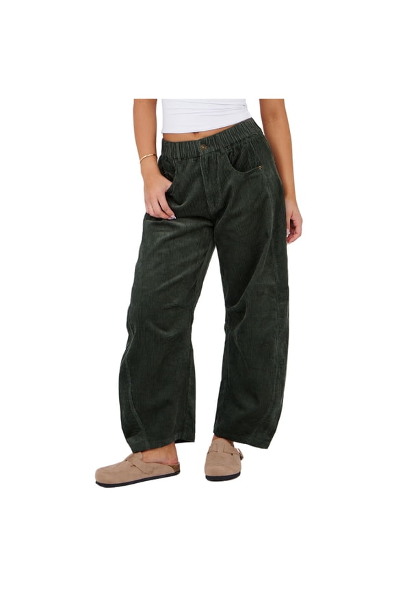 Women's Mid Rise Cord Barrel Jeans Casual Baggy Wide Leg Corduroy Cropped Pants with Pockets