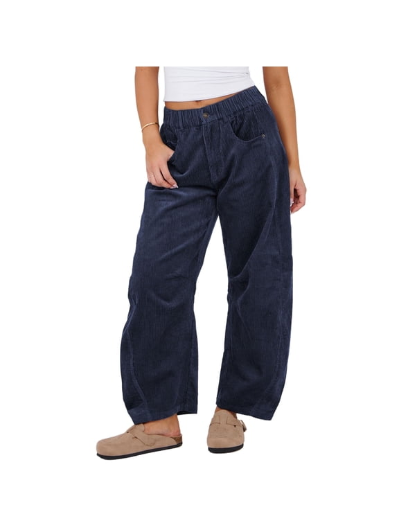 Women's Mid Rise Cord Barrel Jeans Casual Baggy Wide Leg Corduroy Cropped Pants with Pockets