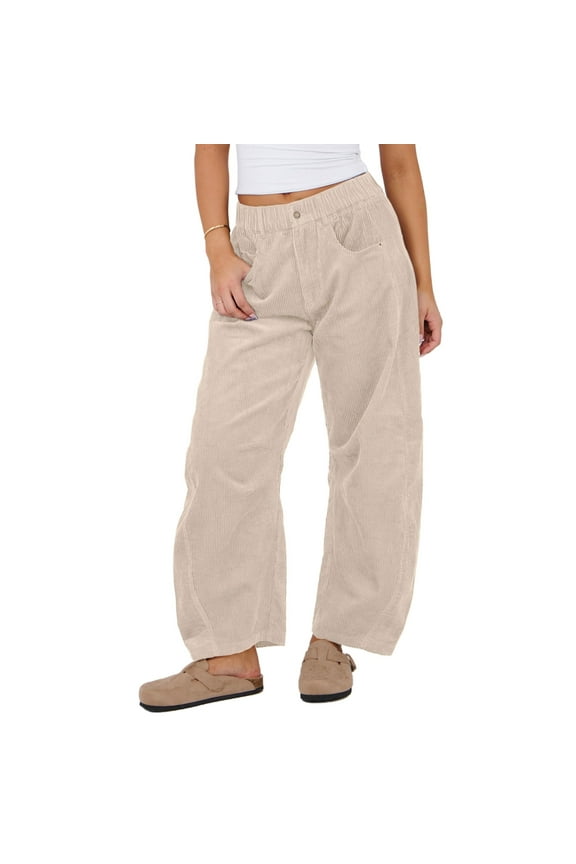Women's Mid Rise Cord Barrel Jeans Casual Baggy Wide Leg Corduroy Cropped Pants with Pockets