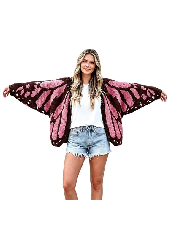 Women's Monarch Butterfly Wing Knit Cardigan Batwing Sleeve Button Down Novelty Sweater