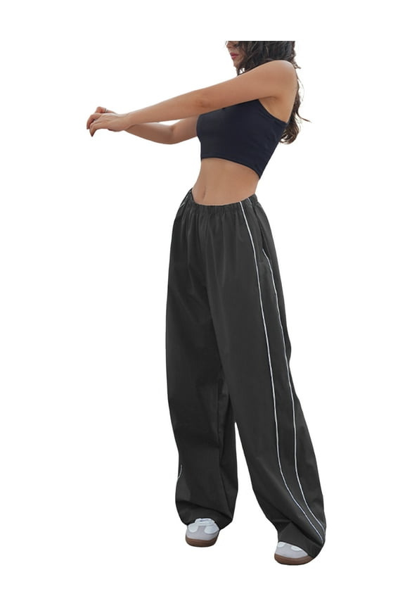 Women's Parachute Pants High Waist Wide Leg Cargo Y2K Drawstring Trousers (Grey-M)