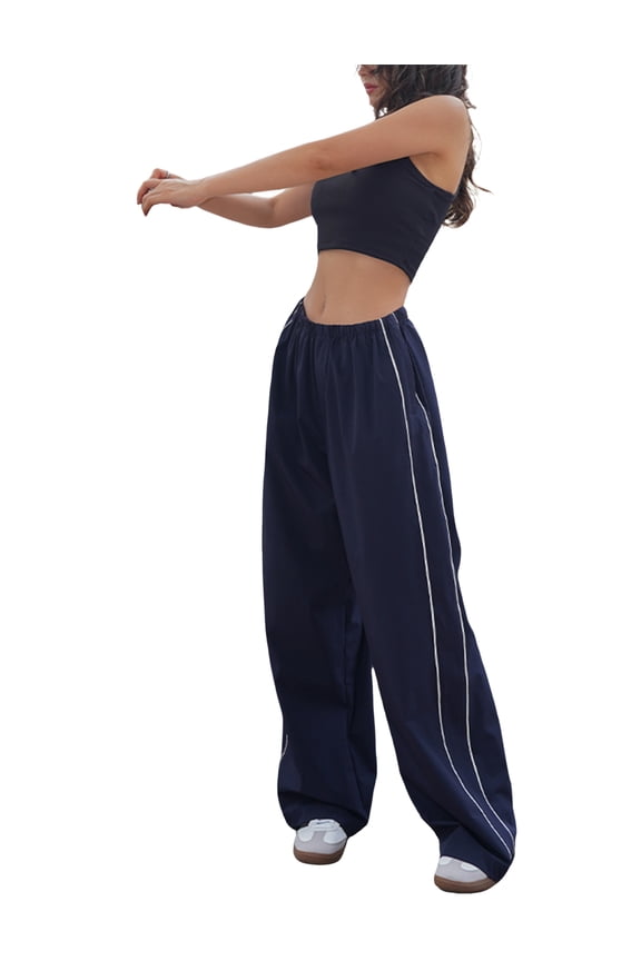 Women's Parachute Pants High Waist Wide Leg Cargo Y2K Drawstring Trousers (Navy-L)