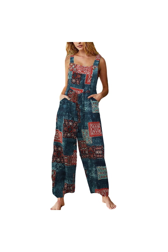 Women's Patchwork Dual Pocket Jumpsuit - Loose Floral Print Bohemian Wide Leg Bib Overall for Spring & Summer