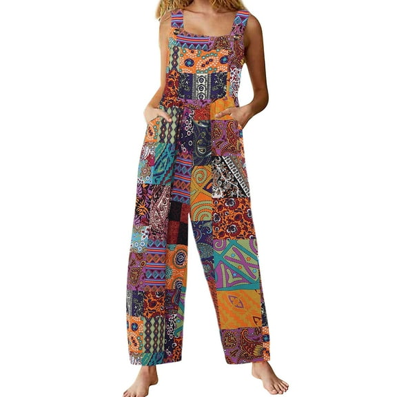 Lentta Women's Patchwork Dual Pocket Jumpsuit - Loose Floral Print Bohemian Wide Leg Bib Overall for Spring & Summer