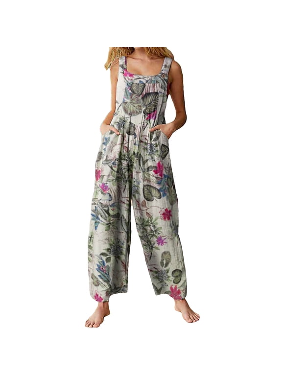 Women's Patchwork Dual Pocket Jumpsuit - Loose Floral Print Bohemian Wide Leg Bib Overall for Spring & Summer