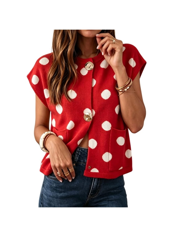Women's Polka Dot Sweater Vest Button Down Cropped Knit Tops