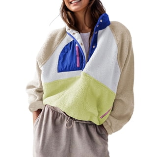 Lentta Women’s Sherpa Lightweight Fleece Pullover Button Down Cropped Winter Fuzzy Jacket Sweatshirt Coat with Pockets