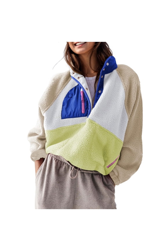 Women’s Sherpa Lightweight Fleece Pullover Button Down Cropped Winter Fuzzy Jacket Sweatshirt Coat with Pockets