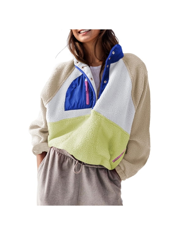 Women’s Sherpa Lightweight Fleece Pullover Button Down Cropped Winter Fuzzy Jacket Sweatshirt Coat with Pockets