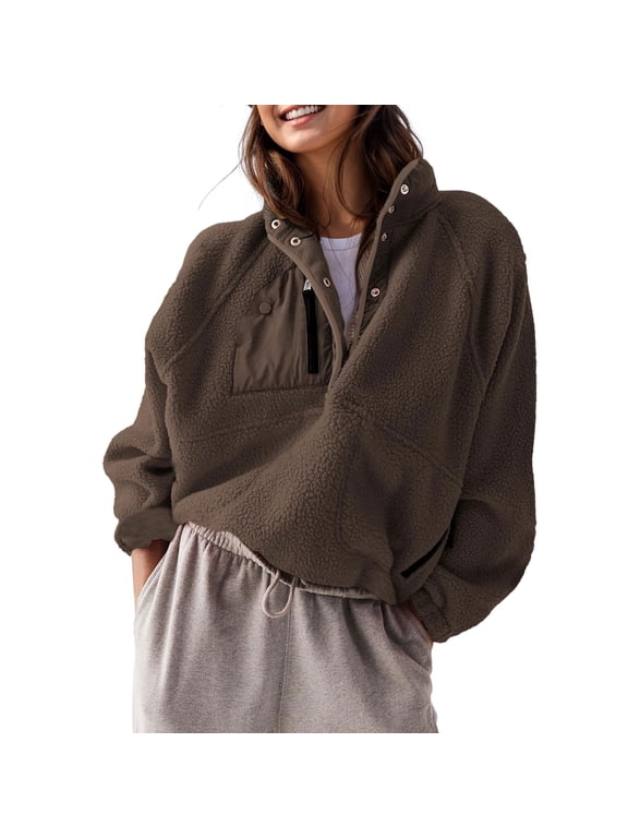 Women’s Sherpa Lightweight Fleece Pullover Button Down Cropped Winter Fuzzy Jacket Sweatshirt Coat with Pockets