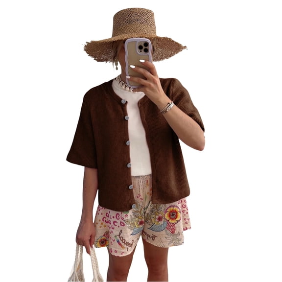 Lentta Women's Short Sleeve Cardigan Button Down Summer Knitted Cropped Sweater Top