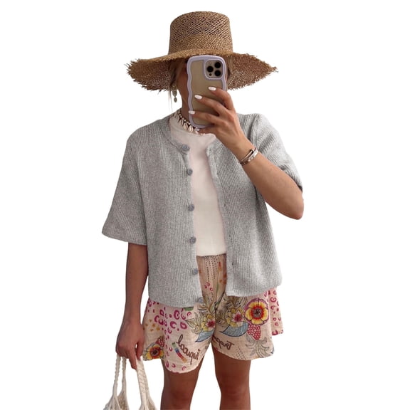 Lentta Women's Short Sleeve Cardigan Button Down Summer Knitted Cropped Sweater Top