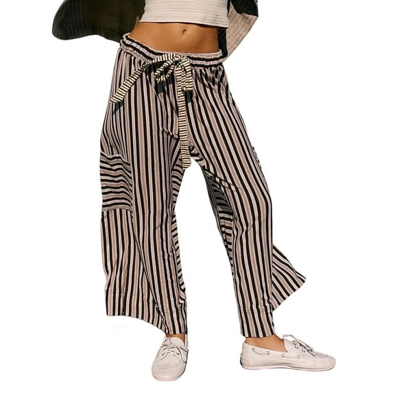 Lentta Women's Striped Wide Leg Pants Casual Drawstring Lounge Trousers with Pockets