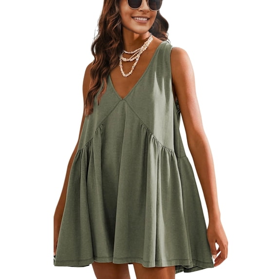 Women's T-Shirt Dress with Pockets Casual V Neck Sleeveless Sundress Loose Fit Summer Mini Dress