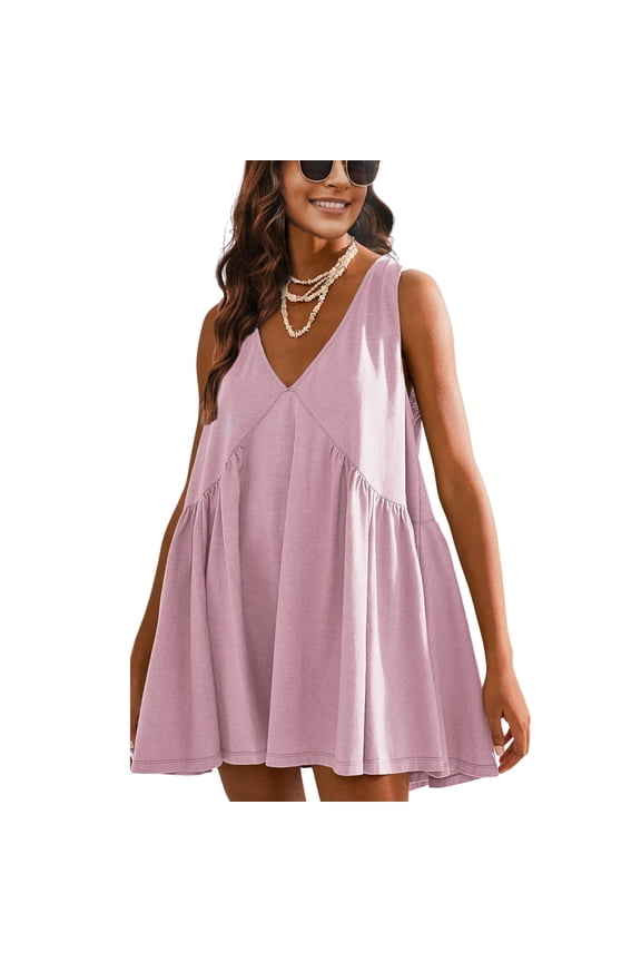 Women's Summer Sleeveless Mini Dress Casual Loose V Neck Sundress with Pockets