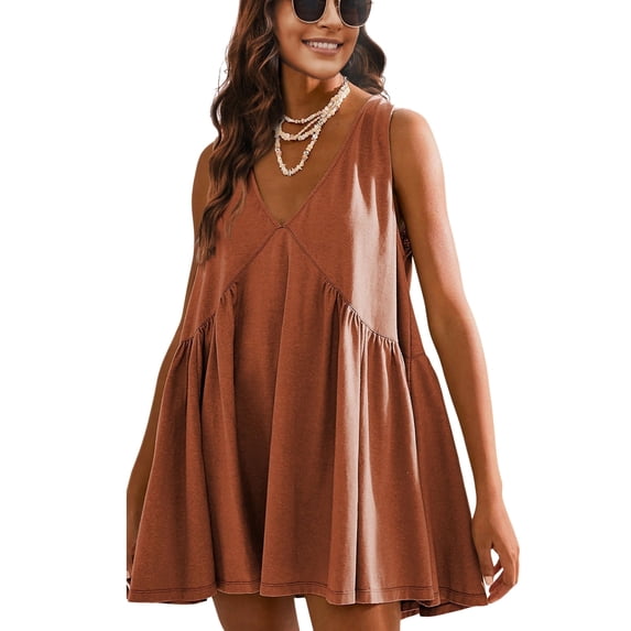 Women's T-Shirt Dress with Pockets Casual V Neck Sleeveless Sundress Loose Fit Summer Mini Dress