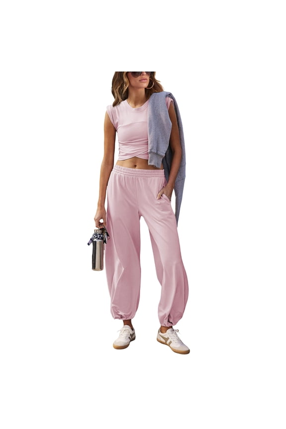 Women's Two Pieces Outfits Casual Lounge Sets Cropped Tops Sweatpants Tracksuit with Pockets