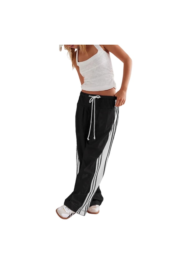 Women's Wide Leg Pants Drawstring High Rise Side Striped Slouchy Palazzo Pants with Pockets