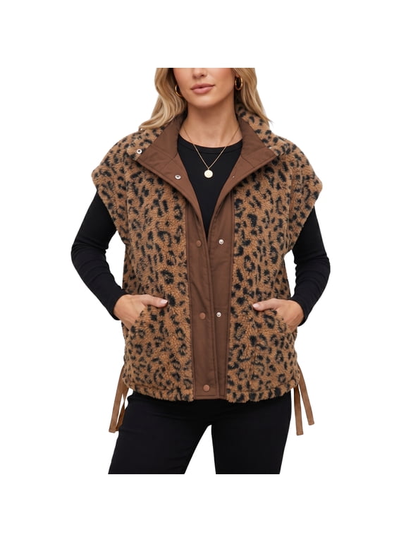 Women's Winter Leopard Print Fuzzy Sherpa Vest Warm Sleeveless Fleece Outerwear