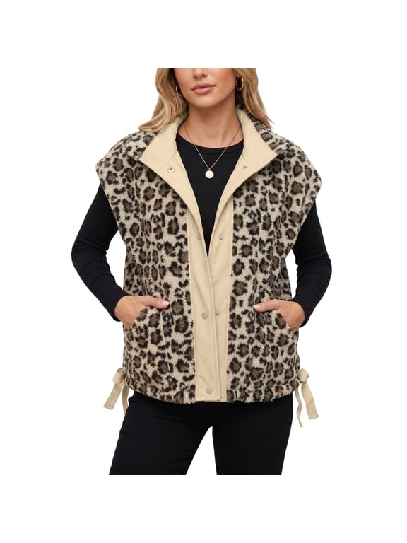 Women's Winter Leopard Print Fuzzy Sherpa Vest Warm Sleeveless Fleece Outerwear