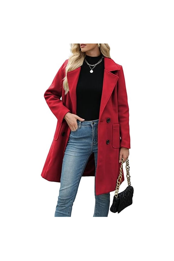Women's Winter Wool Blend Coat Casual Notch Lapel Mid-Long Double-Breasted Peacoat Jacket Outwear