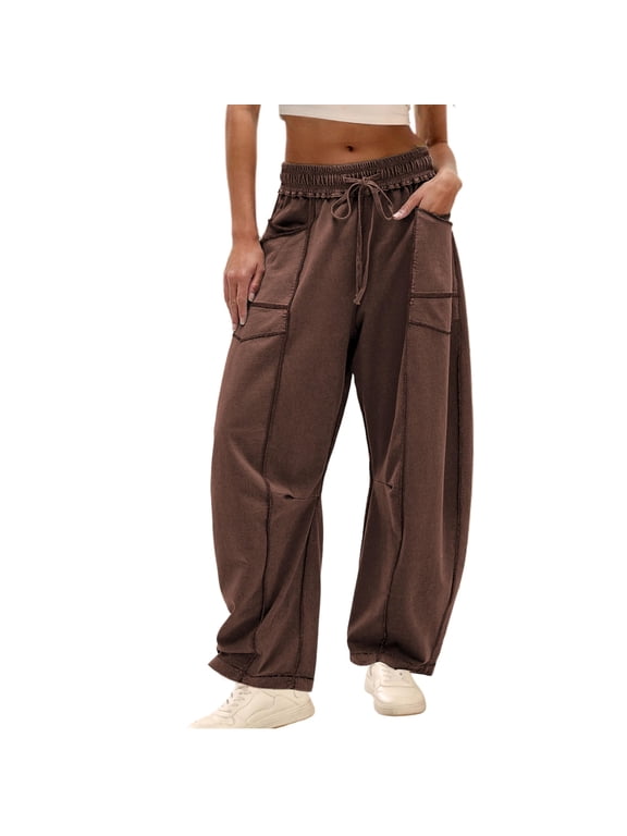 Womens Baggy Barrel Pants Wide Leg Lounge Drawstring Sweatpants with Pockets