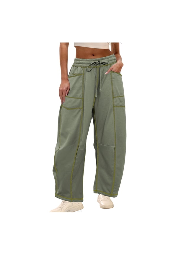 Womens Baggy Barrel Pants Wide Leg Lounge Drawstring Sweatpants with Pockets