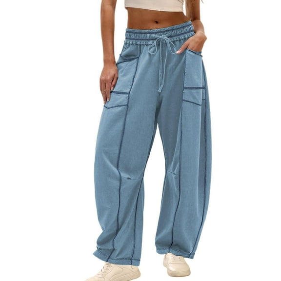 Lentta Womens Baggy Barrel Pants Wide Leg Lounge Drawstring Sweatpants with Pockets