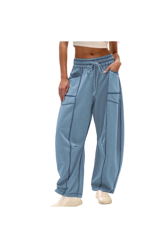 Womens Baggy Barrel Pants Wide Leg Lounge Drawstring Sweatpants with Pockets