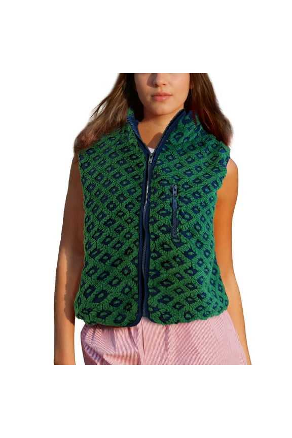 Womens Checkered Sherpa Vest Sleeveless Winter Fleece Jacket High Neck Zip Up Plaid Gilet