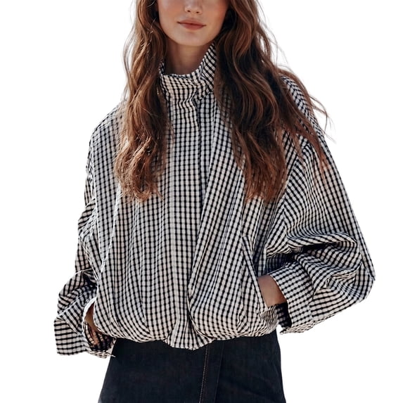 Lentta Womens Cropped Gingham Bomber Jacket Stand Collar Plaid Zip Up Coat with Pockets