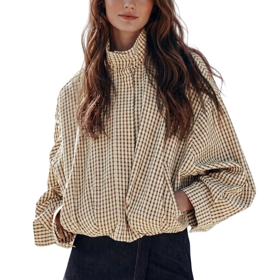 Lentta Womens Cropped Gingham Bomber Jacket Stand Collar Plaid Zip Up Coat with Pockets