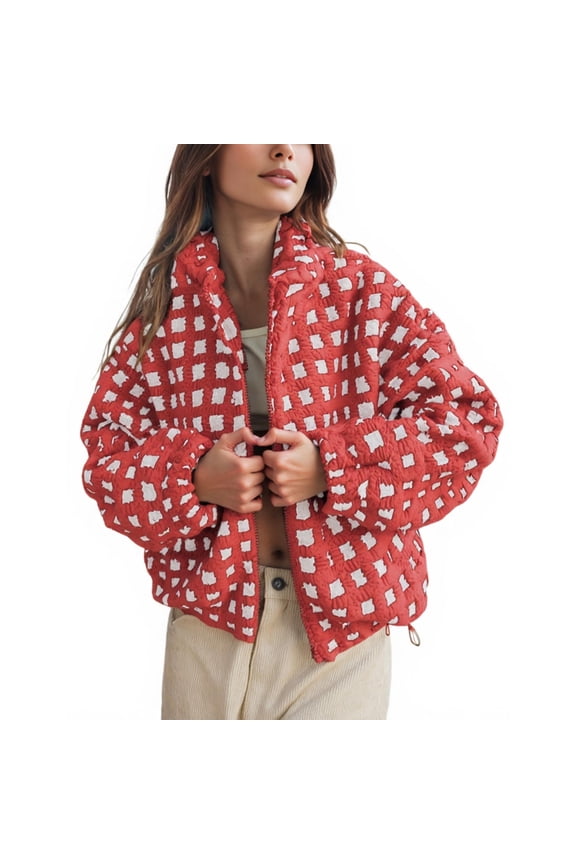 Womens Cropped Sherpa Fleece Plaid Jacket Winter Chunky Teddy Checkered Fuzzy Outerwear