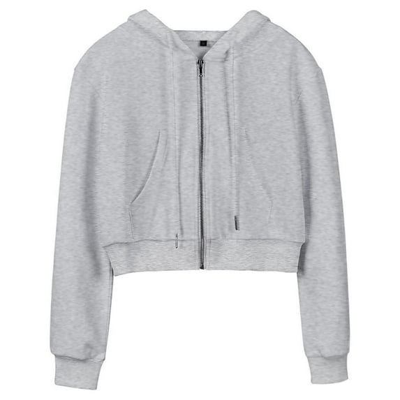 Lentta Womens Cute Workout Cropped Zip Up Drawstring Hoodie Sweatshirt Jacket (Grey-S)
