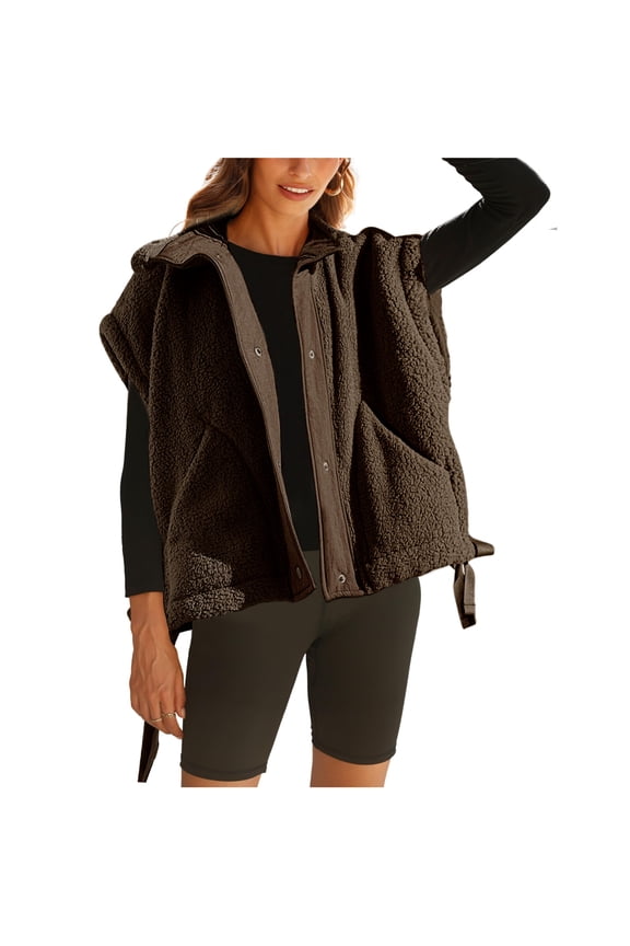 Womens Fuzzy Fleece Vest Oversized Sleeveless Sherpa Jacket Button Down Outerwear with Pockets