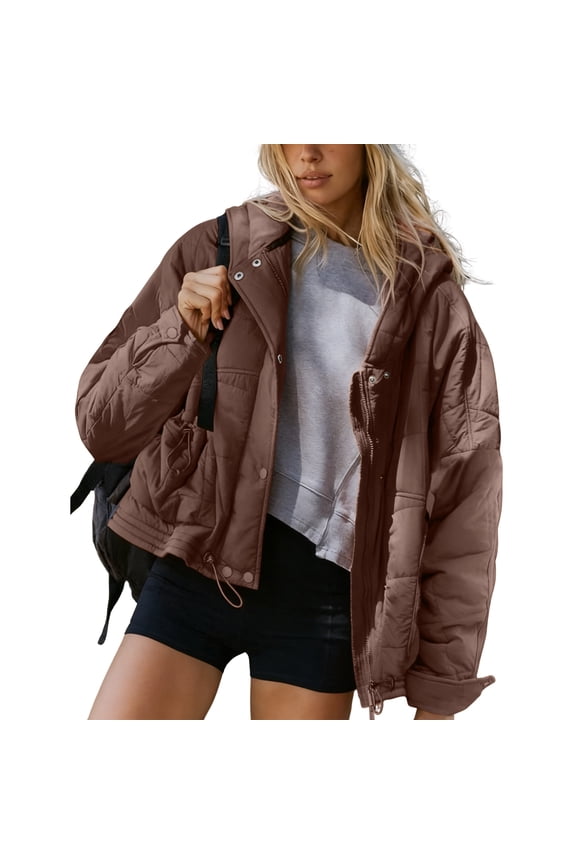 Womens Lightweight Hooded Oversize Puffer Jacket Splice Quilted Long Sleeve Padded Coat