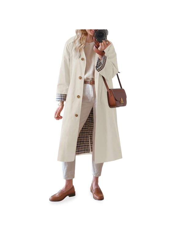 Womens Long Trench Coat Single Breasted Oversized Windproof Overcoat Fashion Outerwear