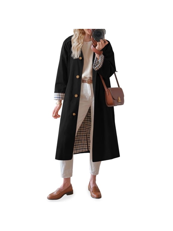 Womens Long Trench Coat Single Breasted Oversized Windproof Overcoat Fashion Outerwear