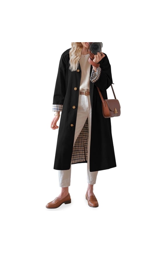 Womens Long Trench Coat Single Breasted Oversized Windproof Overcoat Fashion Outerwear