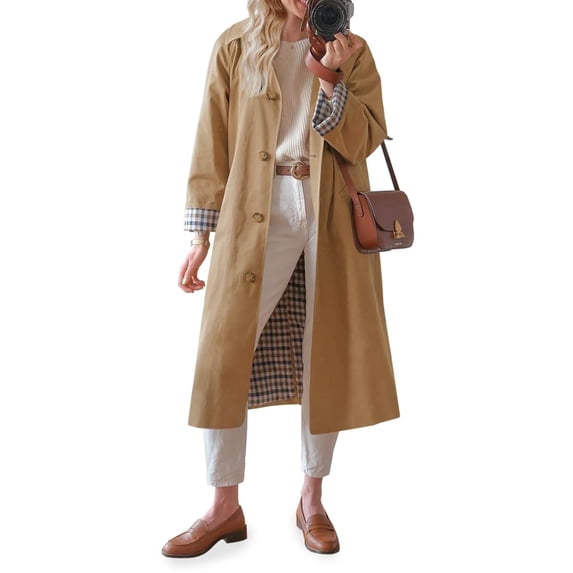 Lentta Womens Long Trench Coat Single Breasted Oversized Windproof Overcoat Fashion Outerwear