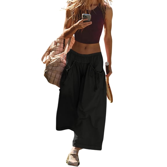 Lentta Womens Loose Wide Leg Track Pants Drawstring Pockets Elastic Waist Capri Hiking Pants