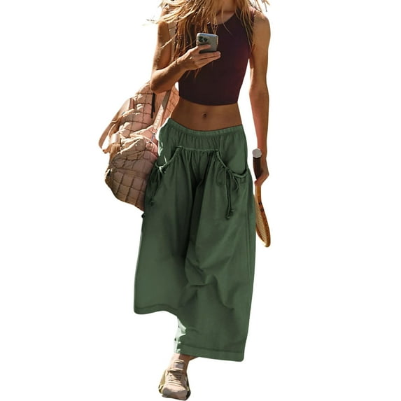 Lentta Womens Loose Wide Leg Track Pants Drawstring Pockets Elastic Waist Capri Hiking Pants