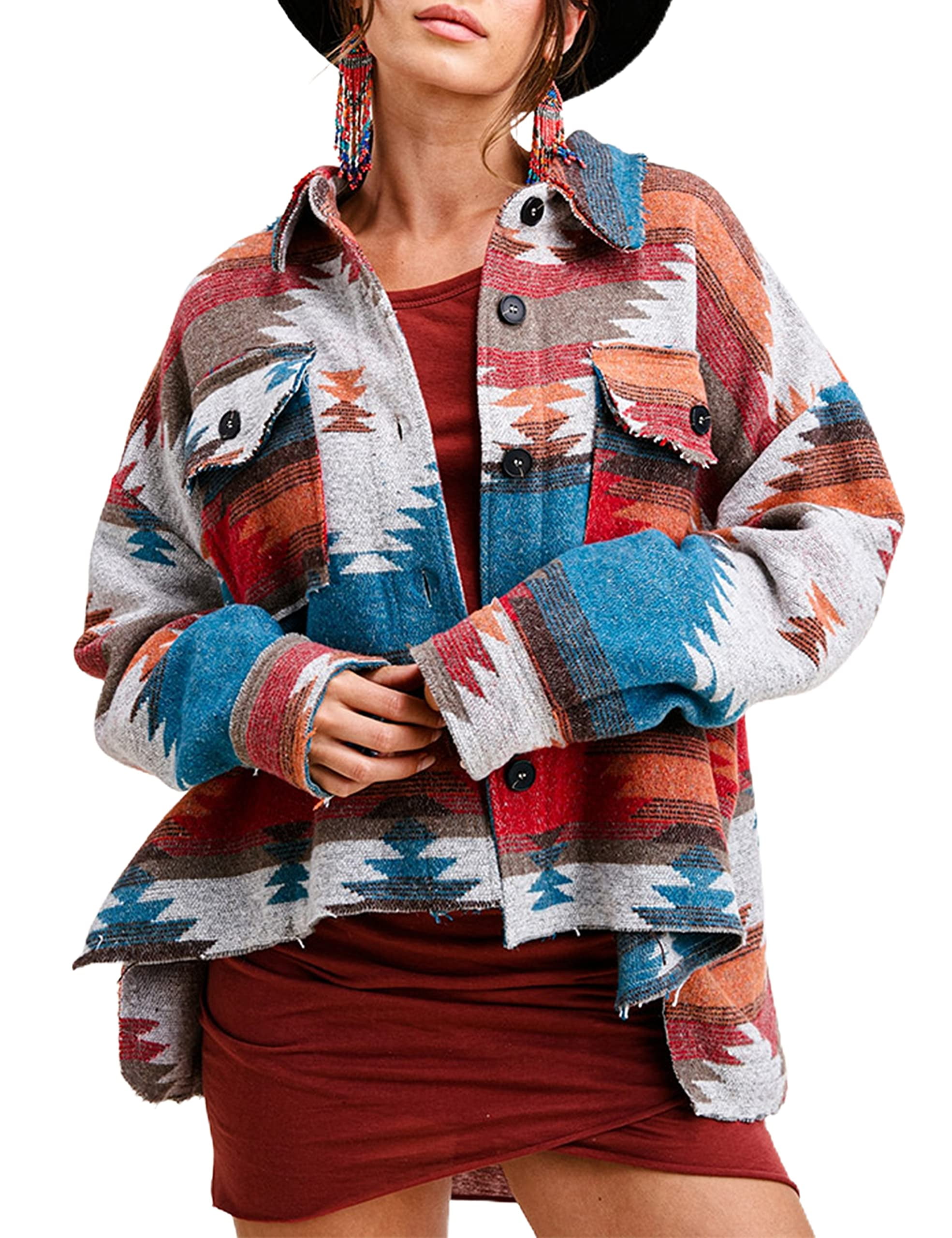 Lentta Women's Retro Wool Blend Shacket with Geometric Patterns, Long ...