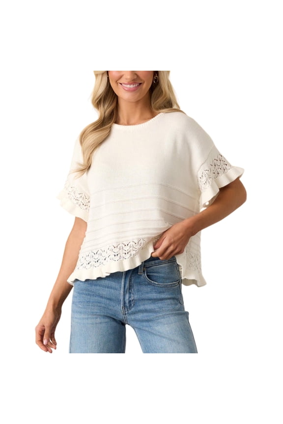 Womens Short Sleeve Sweater Round Neck Ruffled Hem Knit Crochet Pullover Casual Top Blouse
