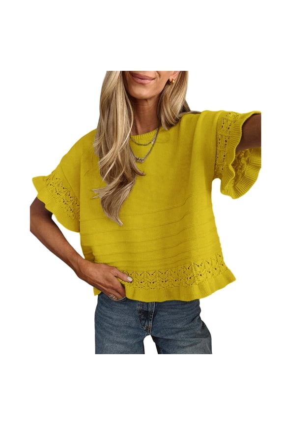 Womens Short Sleeve Sweater Round Neck Ruffled Hem Knit Crochet Pullover Casual Top Blouse