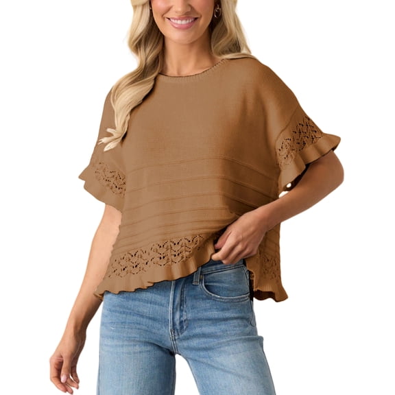 Lentta Womens Short Sleeve Sweater Round Neck Ruffled Hem Knit Crochet Pullover Casual Top Blouse