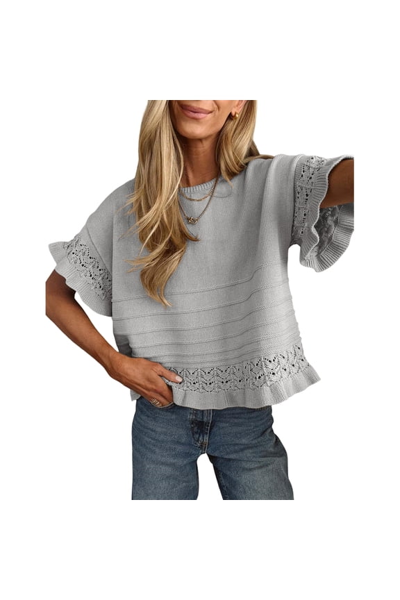 Womens Short Sleeve Sweater Round Neck Ruffled Hem Knit Crochet Pullover Casual Top Blouse
